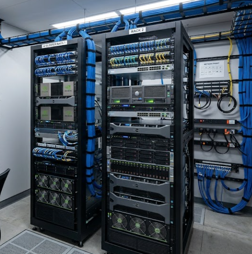 Server racks powering cloud and AI architecture