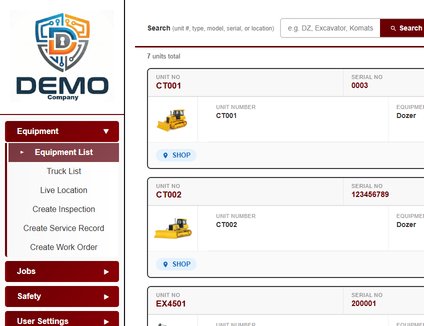 Equipment management unit listing interface