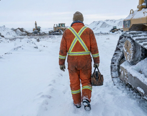 Heavy equipment technician walking a winter job site